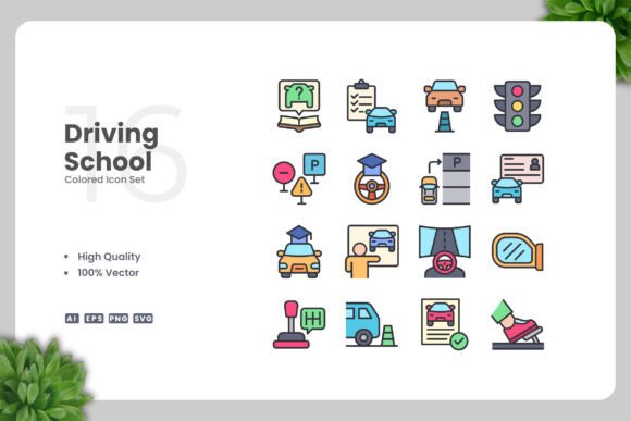 Driving School Colored Icons
