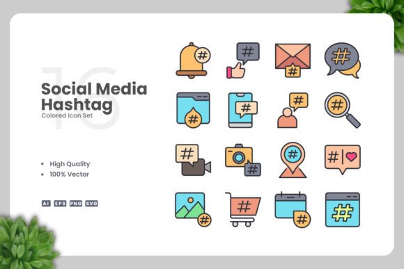 Social Media Hashtag Colored Icons: Graphics and Icons for Modern Branding