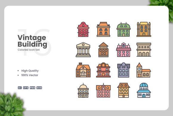 Vintage Building Colored Icons for Graphics and Icons