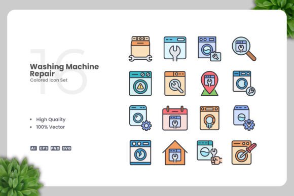 Washing Machine Repair Colored Icons: Graphics and Icons for Real Projects