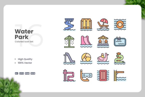Water Park Colored Icons for Graphics and Icons