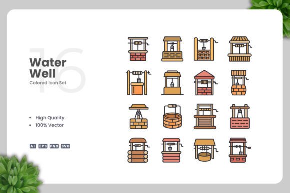 Water Well Colored Icons for Graphics and Icons